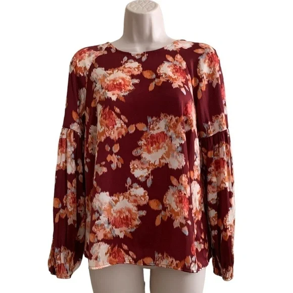NWT Lauren Conrad Floral Abstract Satin Long Sleeve Blouse - Picture 3 of 12